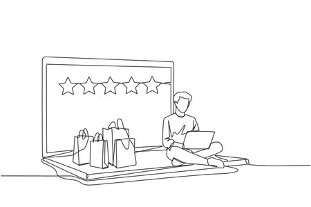 Single continuous line drawing happy man sitting on giant laptop typing on laptop computer. Bought a lot from online shop. Give a rating of 5 stars. Ecommerce. One line design vector illustrationのイラスト素材