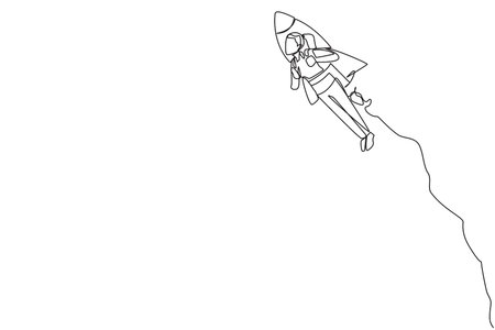Single one line drawing young businesswoman flying with rocket. Desire to take the business to the...