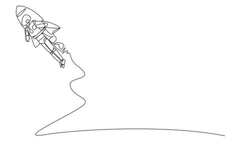 Single one line drawing smart robot flying with rocket. Desire to take the business to the moon. Successful entrepreneur. The great smartest robot. AI tech. Continuous line design graphic illustrationのイラスト素材