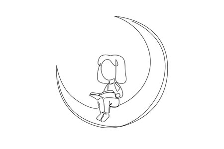 Continuous one line drawing girl sitting on crescent moon reading book. Reading story before bed. Passionate about reading in any condition. Book festival. Single line draw design vector illustrationのイラスト素材