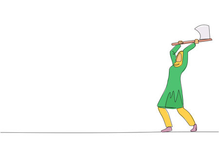 Single one line drawing Arabian businesswoman swinging an axe. Style like a lumberjack. Strong. Muscular. Powerful. Sports for physical health. Awareness. Continuous line design graphic illustrationのイラスト素材