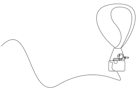 Single one line drawing young energetic astronaut using monocular, flying with hot air balloon with a passenger box has shape briefcase. Cosmic deep space. Continuous line design graphic illustrationのイラスト素材