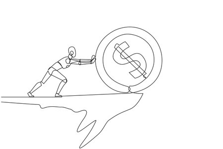 Single one line drawing robot pushes giant coin sign dollar down from the edge of the cliff. Robotic artificial intelligence. Electronic technology concept. Continuous line design graphic illustrationのイラスト素材