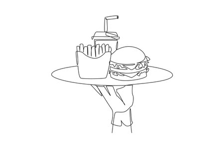 Continuous one line drawing waiter holds food tray serving french fries soft drinks and burger. Fast food. It is not good for body if consumed too often. Single line draw design vector illustrationのイラスト素材