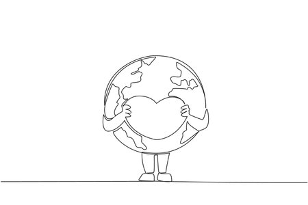 Single continuous line drawing globe holds the heart logo with both hands. Loving the earth is like loving yourself. Always take care of the earth. Saving planet. One line design vector illustrationのイラスト素材