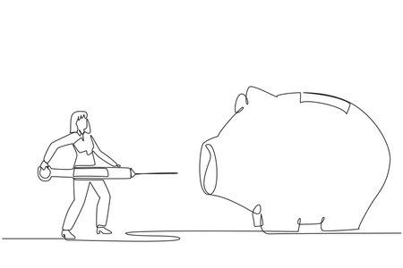 Continuous one line drawing businesswoman holding a big syringe and wants to inject it into a big piggy bank. Helping with finances. Fresh funds. Booster. Single line draw design vector illustrationのイラスト素材