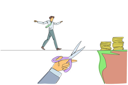 Continuous one line drawing businessman walking on tightrope from one cliff to another. Failed to move to much better place. Cheated by business friend. Single line draw design vector illustrationのイラスト素材