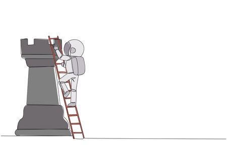 Single one line drawing young astronaut climb huge rook chess piece with ladder. Business strategy and marketing plan. Strategic move in business concept. Continuous line design graphic illustrationのイラスト素材