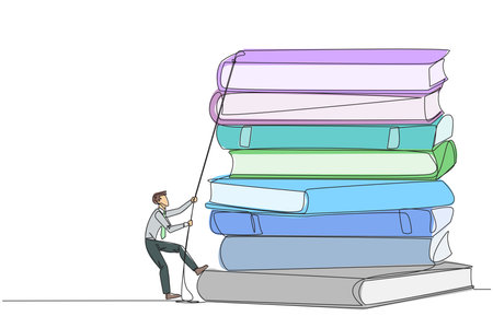 Single one line drawing businessman climbing a pile of books with a rope. Try hard to gain new knowledge for the smooth running of business. Satisfied. Continuous line design graphic illustrationのイラスト素材