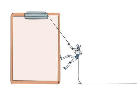 Single continuous line drawing smart robot climbing clipboard with the rope. Extra effort to work on reports optimally. The final report is awaited. Work hard. One line design vector illustrationのイラスト素材