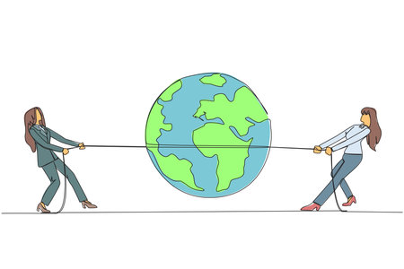 Continuous one line drawing two businesswomen fighting over globe. Fighting over strategic locations. The fighting to open new business branch. Profitable. Single line draw design vector illustrationのイラスト素材