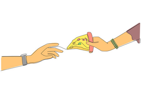 Single continuous line drawing hand giving slice of pizza. Foods that ruin diet pattern. Usually these foods have high levels of fat, salt and calories. Junk food. One line design vector illustrationのイラスト素材