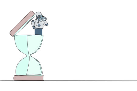 Single one line drawing a smart robot emerges from the hourglass looking for something through...