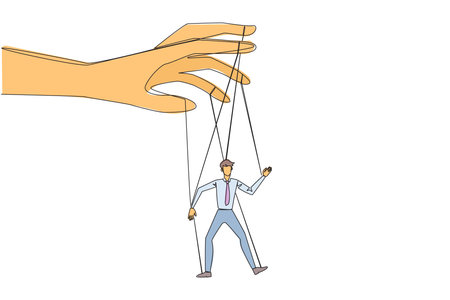 Continuous one line drawing businessman walks by being moved by ropes controlled by a giant hand above. Policies that are never implemented. Like a puppet. Single line draw design vector illustrationのイラスト素材