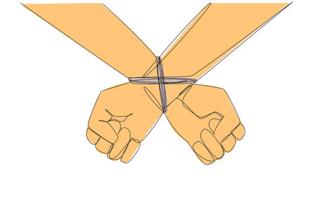 Single continuous line drawing seen from behind, the entrepreneur's hands are tied. Greedy entrepreneur. Committing bribery to control strategic assets. Arrested. One line design vector illustrationのイラスト素材