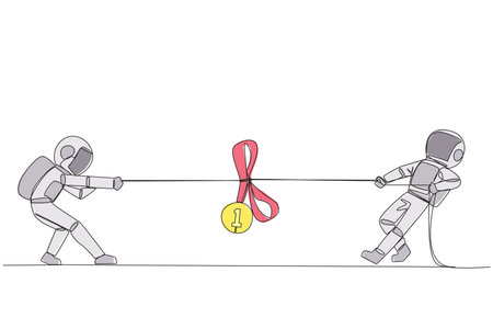 Single continuous line drawing two astronauts fighting for medal award. Fierce battles are number...