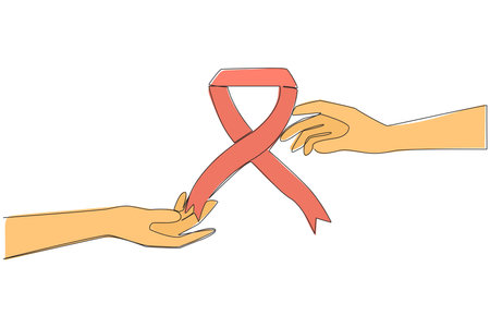 Single one line drawing hand giving ribbon sign. Charity activity symbol. Sign of mourning. Symbol of support and solidarity in society. Respect each other. Continuous line design graphic illustrationのイラスト素材