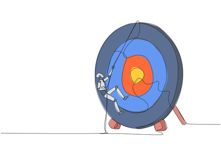 Continuous one line drawing the robot climbs arrow board target with rope. Struggle very persistently to achieve the best. Smart work that produces results. Single line draw design vector illustrationのイラスト素材