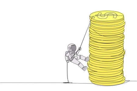 Continuous one line drawing astronaut climbs stack of coins with rope. The entrepreneur trying hard climbing the rope to reach top of coins. Better future. Single line draw design vector illustrationのイラスト素材