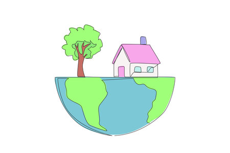 Continuous one line drawing house in the middle of the forest. The air is very cool. Living in the green nature. Unite with nature. World environment day. Single line draw design vector illustrationのイラスト素材