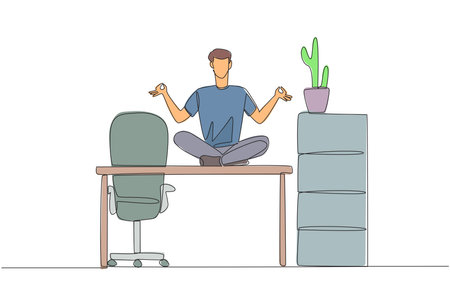 Single continuous line drawing man sitting cross-legged on a work desk. Round the fingers on both hands. Meditation to relax the mind. Work overtime on weekends. One line design vector illustrationのイラスト素材