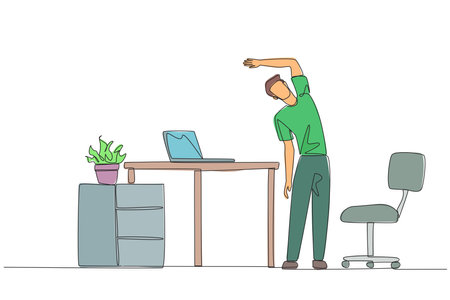 Single one line drawing man stands while raising one hand and tilting body. Light exercise while at the office. Helps mind to focus. Overtime on weekends. Continuous line design graphic illustrationのイラスト素材