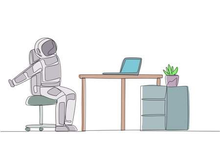 Single continuous line drawing astronaut sitting in work chair stretching arms behind back. Relax. Stretch arms because hand muscles are starting to feel stiff. One line design vector illustrationのイラスト素材
