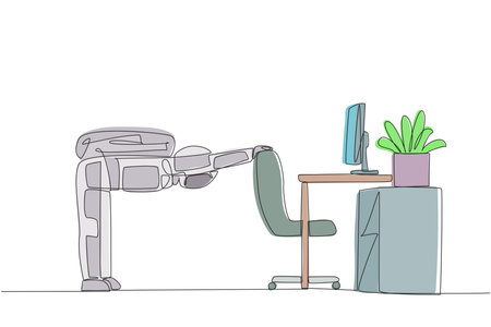 Single one line drawing astronaut bowed while holding his hand on his work chair. Stretching. Eliminates excessive nervousness. Preparing for expedition. Continuous line design graphic illustrationのイラスト素材