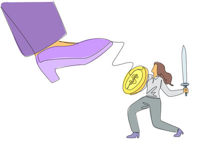 Single continuous line drawing businesswoman tries to ward off the giant foot that wants to step on her. Fighting arch enemies to gain profits. Preventive measure. One line design vector illustrationのイラスト素材