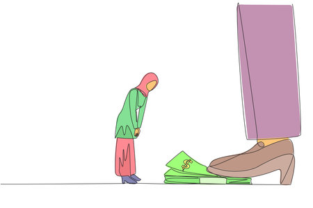 Single one line drawing Arab businesswoman nodded in front of giant foot stepping on wad of banknotes. Request payment is not withheld. Business continuity. Continuous line design graphic illustrationのイラスト素材