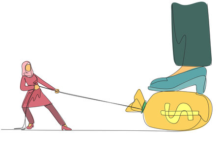 Continuous one line drawing Arabian businesswoman tries to take money bag stepped on by giant foot. Try hard to pull using the rope. Get the most profit. Single line draw design vector illustrationのイラスト素材