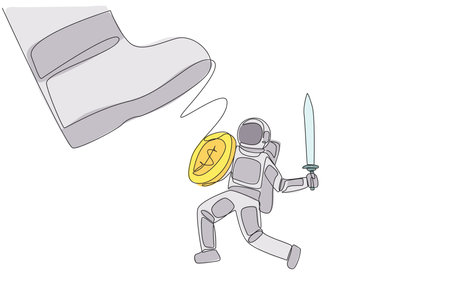 Single one line drawing astronaut tries to ward off the giant foot that wants to step on him. Anything is done to make the space expedition run smoothly. Continuous line design graphic illustrationのイラスト素材