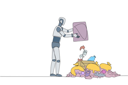 Single continuous line drawing robot throws rubbish into rubbish pile. Environmental care. Robot cares about cleanliness. Artificial intelligence. Future tech. One line design vector illustrationのイラスト素材