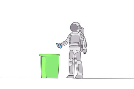 Single continuous line drawing astronaut throw used plastic bottles into overflowing trash cans. Carrying rubbish brought down after the space expedition. Care. One line design vector illustrationのイラスト素材