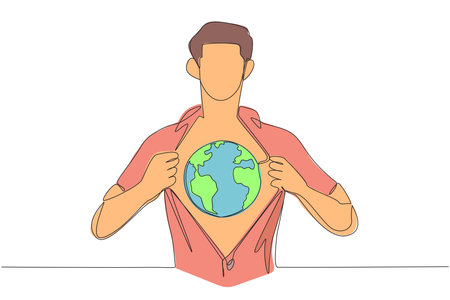 Single one line drawing a man unbuttons shirt revealing a globe on his chest. A sign of deep love for the earth. World environment day. Protect the earth. Continuous line design graphic illustrationのイラスト素材