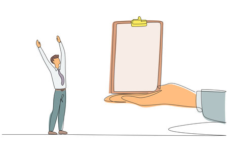 Continuous one line drawing the businessman was excited to get the clipboard from the giant hand. Important prize. Can do reports anywhere. Make checklist. Single line draw design vector illustrationのイラスト素材