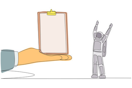 Continuous one line drawing the astronaut was excited to get the clipboard from a giant hand. Making checklists. Manual expedition recording. Cosmonaut. Single line draw design vector illustrationのイラスト素材