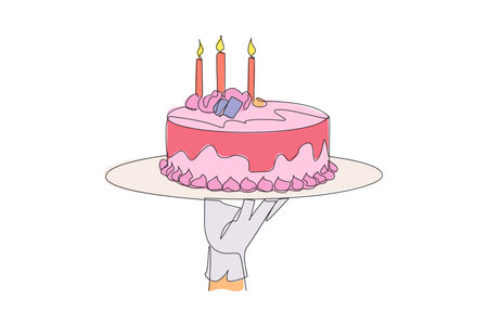 Single one line drawing the waiter holds a food tray serving cake. It has quite high calorie and cholesterol content. Cake with celebration symbols. Sweet. Continuous line design graphic illustrationのイラスト素材