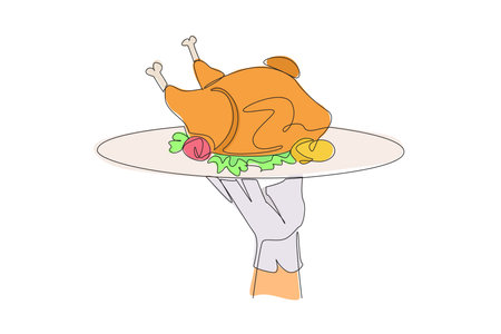 Single one line drawing the waiter holds food tray serving roast chicken. Foods that can be consumed while on a diet. Chicken with whole pieces. Delicious. Continuous line design graphic illustrationのイラスト素材