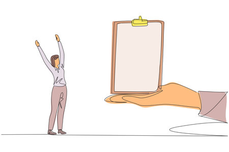 Single continuous line drawing the businesswoman was excited to get the clipboard from the giant hand. Ease of making checklists. Must benefit the company. Success. One line design vector illustrationのイラスト素材
