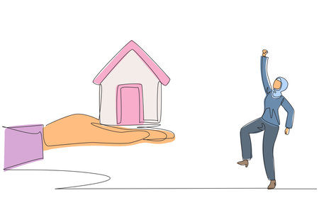 Continuous one line drawing Arab businesswoman excited to get miniature house from giant hand. Challenges need to be better. Investment as well as property. Single line draw design vector illustrationのイラスト素材