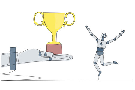 Single continuous line drawing a robot happy to get the trophy from the giant hand. Proving the success of the robot. Win the competition. Artificial intelligence. One line design vector illustrationのイラスト素材