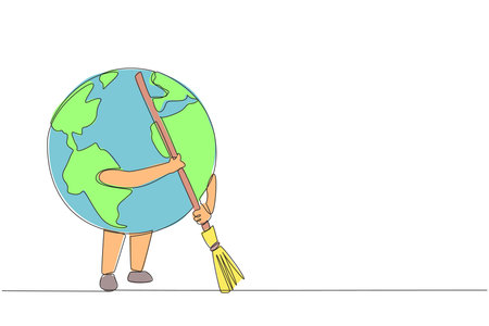 Single continuous line drawing globe sweeps up the scattered rubbish with a broomstick. Keeping the surrounding environment clean is a shared responsibility. Save. One line design vector illustrationのイラスト素材