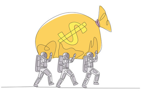 Single continuous line drawing a group of astronauts work together to carrying money bag. A hugely successful space expedition mission. Bring maximum profits. One line design vector illustrationのイラスト素材