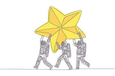 Single one line drawing a group of astronauts work together carrying star. Dreams come true....