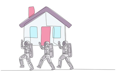Single one line drawing group of astronauts work together carrying a miniature house. Investment in home property. Very profitable in the future. Cosmonaut. Continuous line design graphic illustrationのイラスト素材