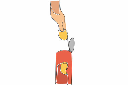 Single continuous line drawing a hand takes potato chips from a tube packaging. Delicious snacks in a nice packaging. Keep food crispy. Tasty. National Snack Day. One line design vector illustrationのイラスト素材