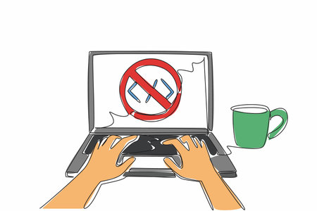 Single one line drawing a pair of hands typing on a laptop. Laptop screen shows no-code sign. Make work easier. Simple application. National No-Code Day. Continuous line design graphic illustrationのイラスト素材