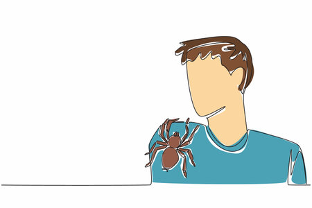 Single continuous line drawing a large spider stuck to a man's sleeve. Keeping tarantulas as pets. A popular pet. Unique courage. Brave. National Save a Spider Day. One line design vector illustrationのイラスト素材