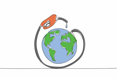 Single one line drawing petrol drops at the tip of nozzle and the petrol hose surrounds the globe. Fuel efficiency using biodiesel. National Biodiesel Day. Continuous line design graphic illustrationのイラスト素材